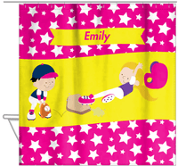 Thumbnail for Personalized Baseball Shower Curtain VIII - Pink Background - Blonde Girl - Hanging View