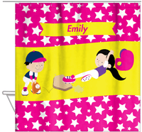 Thumbnail for Personalized Baseball Shower Curtain VIII - Pink Background - Black Hair Girl - Hanging View