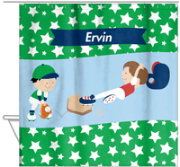 Thumbnail for Personalized Baseball Shower Curtain IX - Green Background - Brown Hair Boy - Hanging View