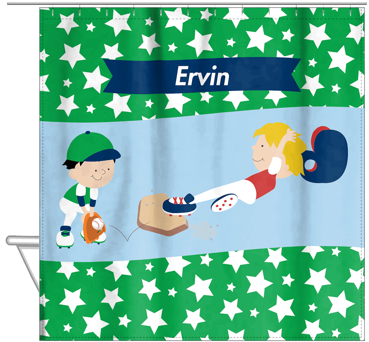 Personalized Baseball Shower Curtain IX - Green Background - Blond Boy - Hanging View