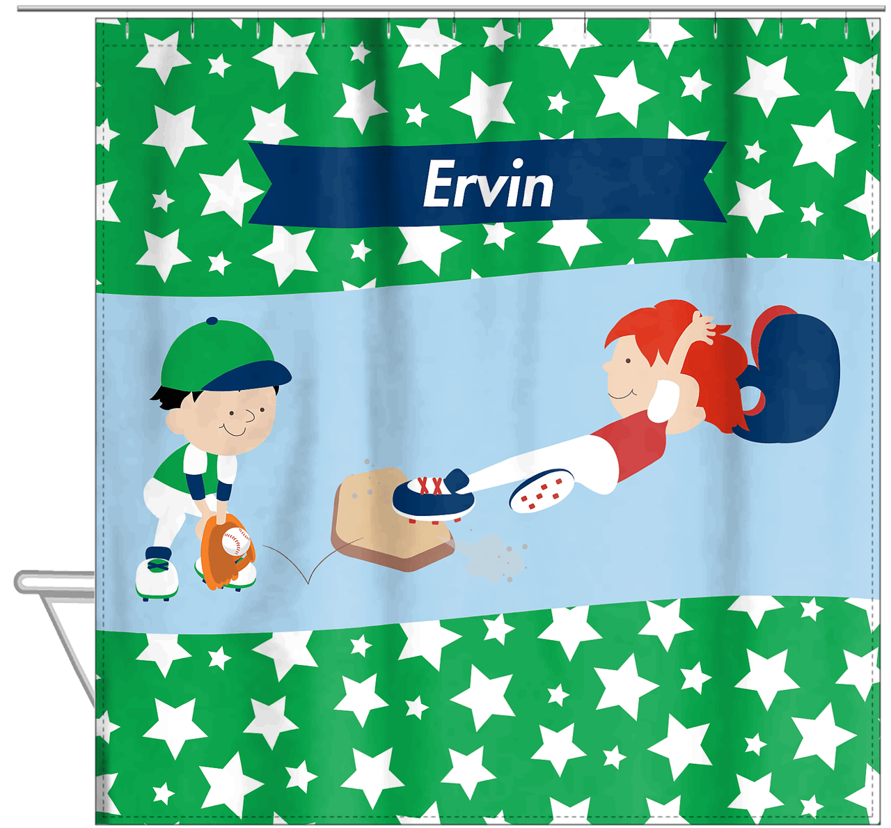 Personalized Baseball Shower Curtain IX - Green Background - Redhead Boy - Hanging View