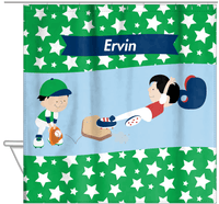 Thumbnail for Personalized Baseball Shower Curtain IX - Green Background - Black Hair Boy - Hanging View