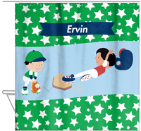Thumbnail for Personalized Baseball Shower Curtain IX - Green Background - Black Boy I - Hanging View
