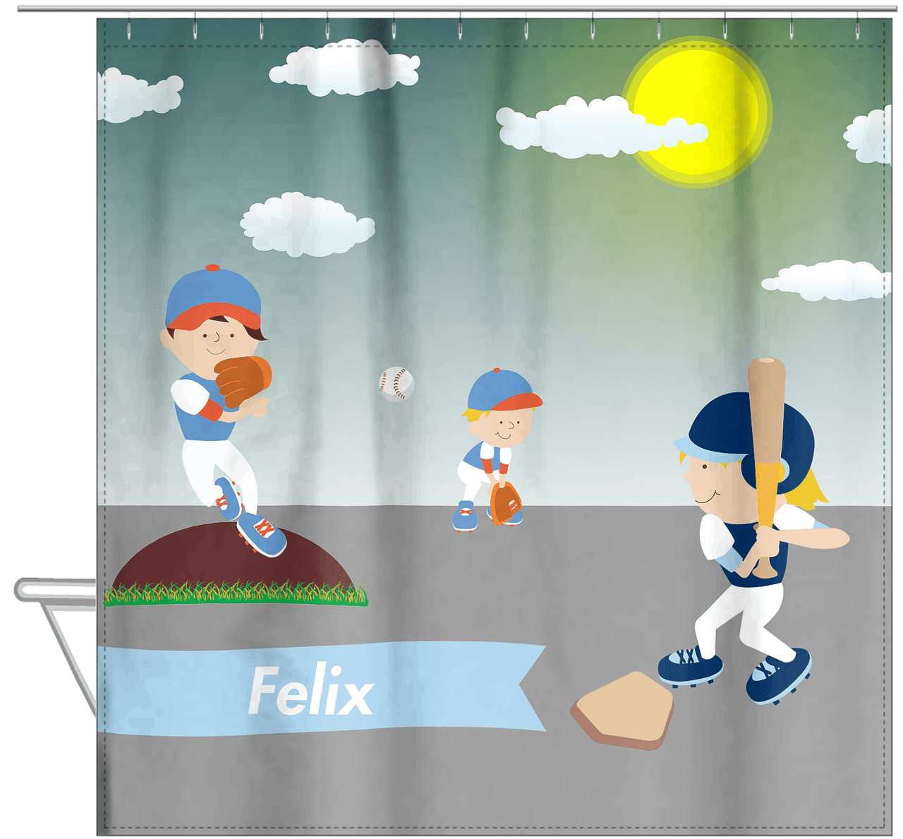 Personalized Baseball Shower Curtain XIII - Teal Background - Blond Boy - Hanging View