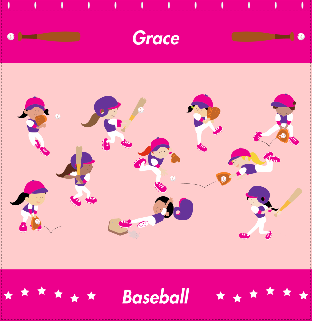 Personalized Baseball Shower Curtain XIV - Girls Team - Pink Background - Decorate View