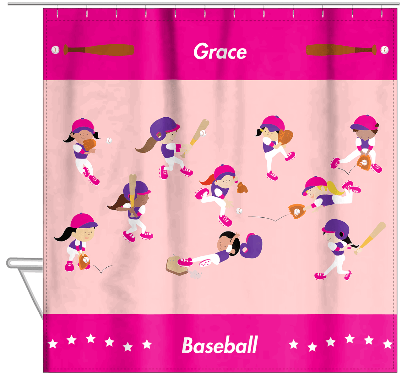 Personalized Baseball Shower Curtain XIV - Girls Team - Pink Background - Hanging View
