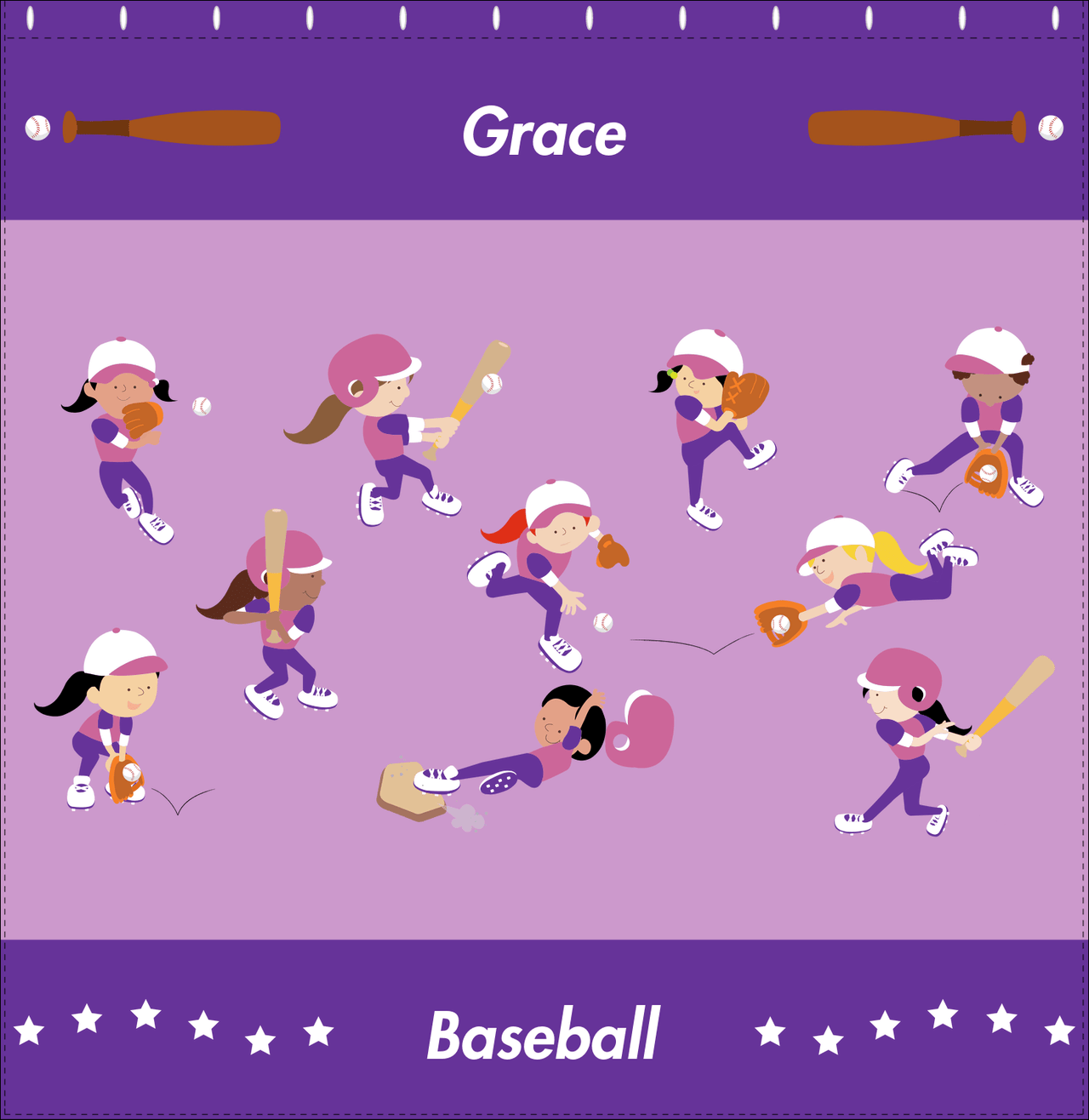 Personalized Baseball Shower Curtain XIV - Girls Team - Purple Background - Decorate View