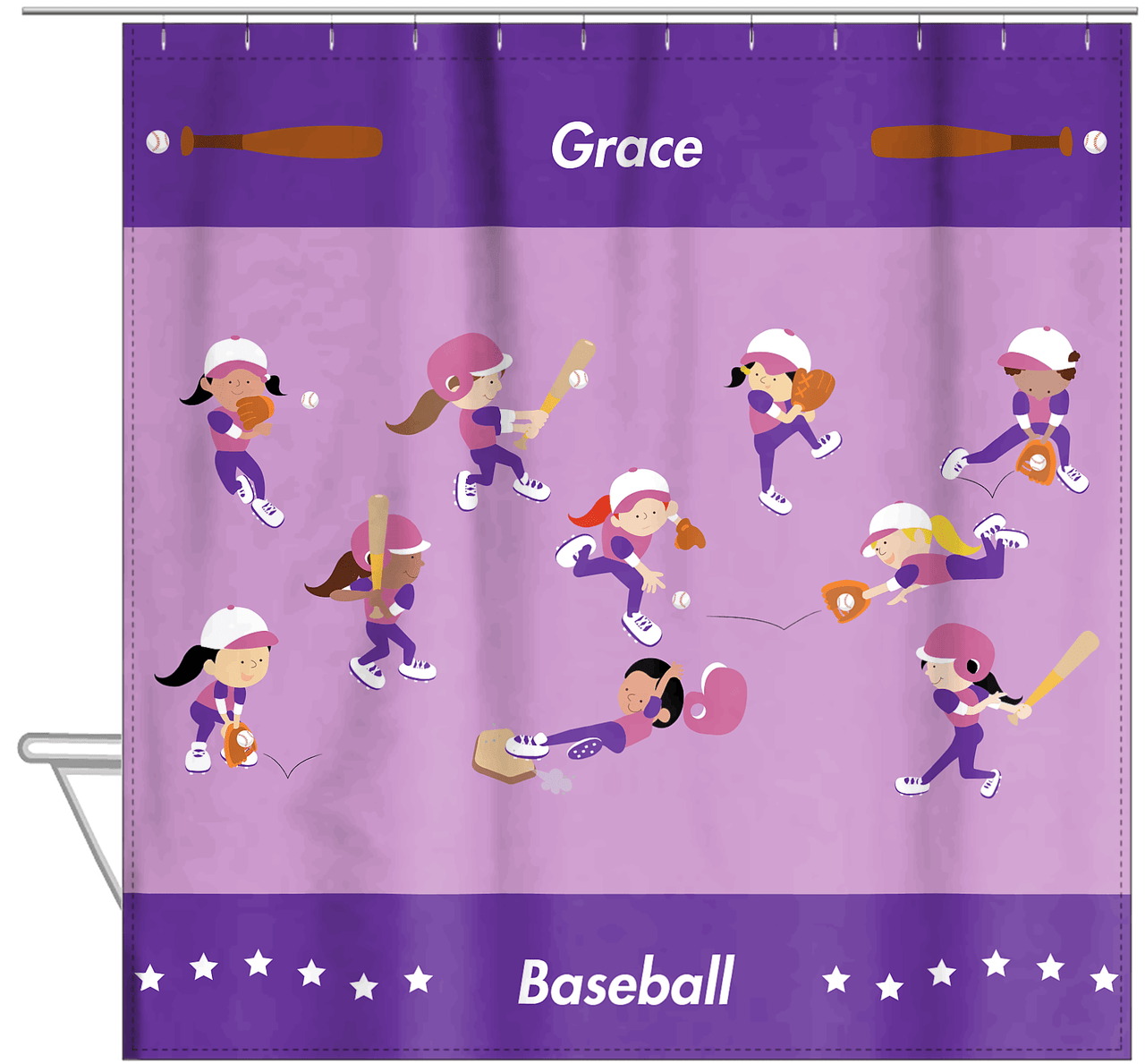 Personalized Baseball Shower Curtain XIV - Girls Team - Purple Background - Hanging View