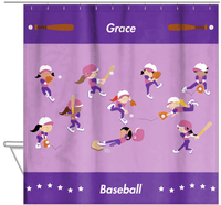 Thumbnail for Personalized Baseball Shower Curtain XIV - Girls Team - Purple Background - Hanging View