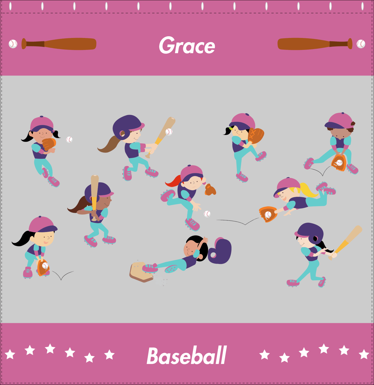 Personalized Baseball Shower Curtain XIV - Girls Team - Grey Background - Decorate View