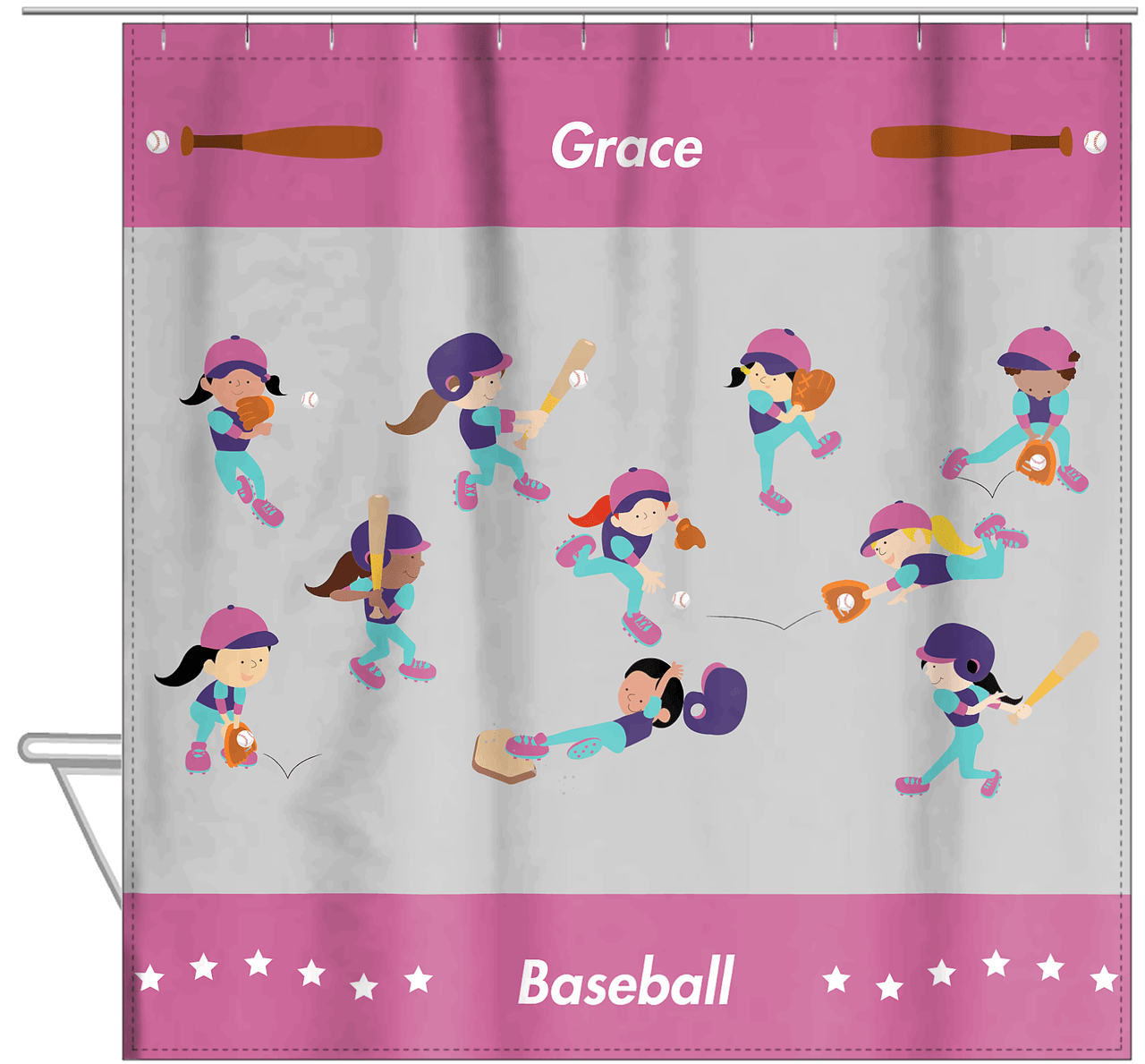 Personalized Baseball Shower Curtain XIV - Girls Team - Grey Background - Hanging View