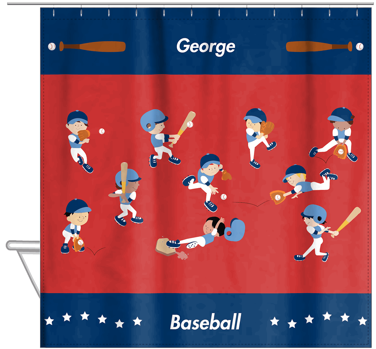 Personalized Baseball Shower Curtain XV - Boys Team - Red Background - Hanging View