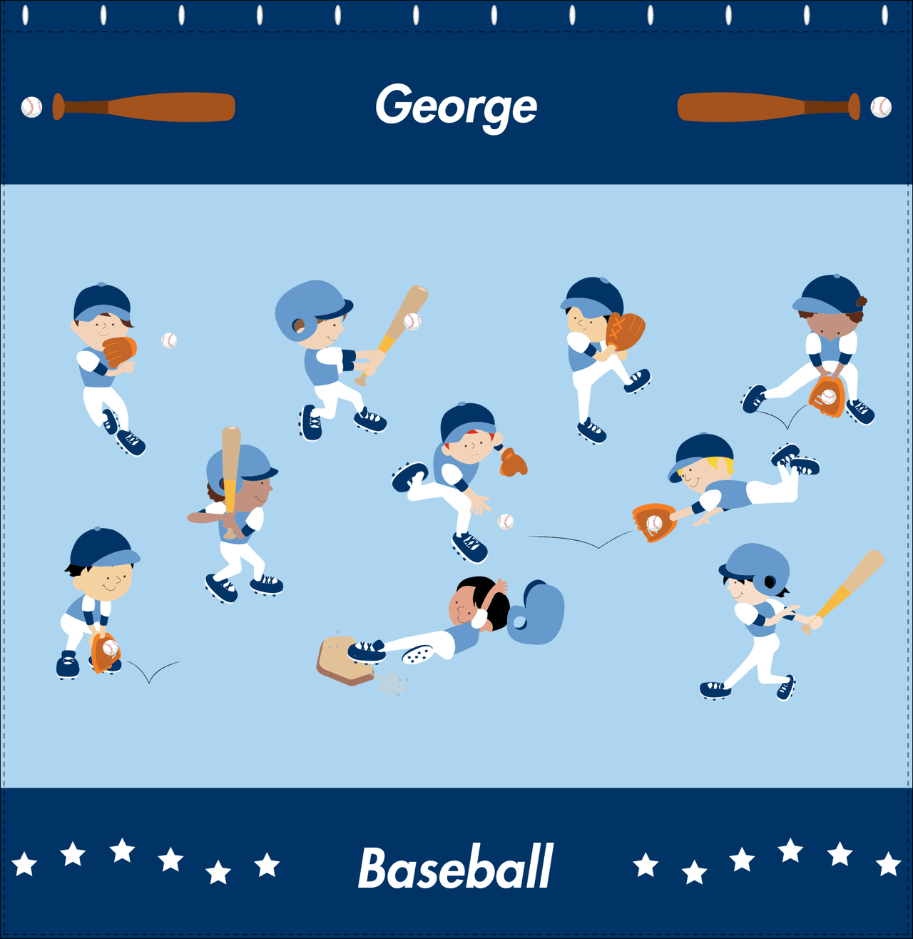Personalized Baseball Shower Curtain XV - Boys Team - Light Blue Background - Decorate View