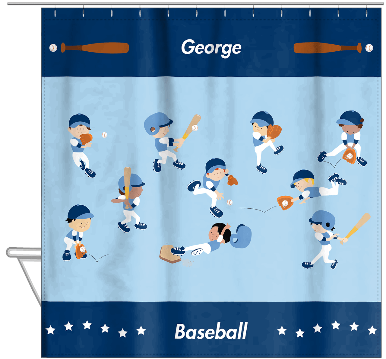 Personalized Baseball Shower Curtain XV - Boys Team - Light Blue Background - Hanging View