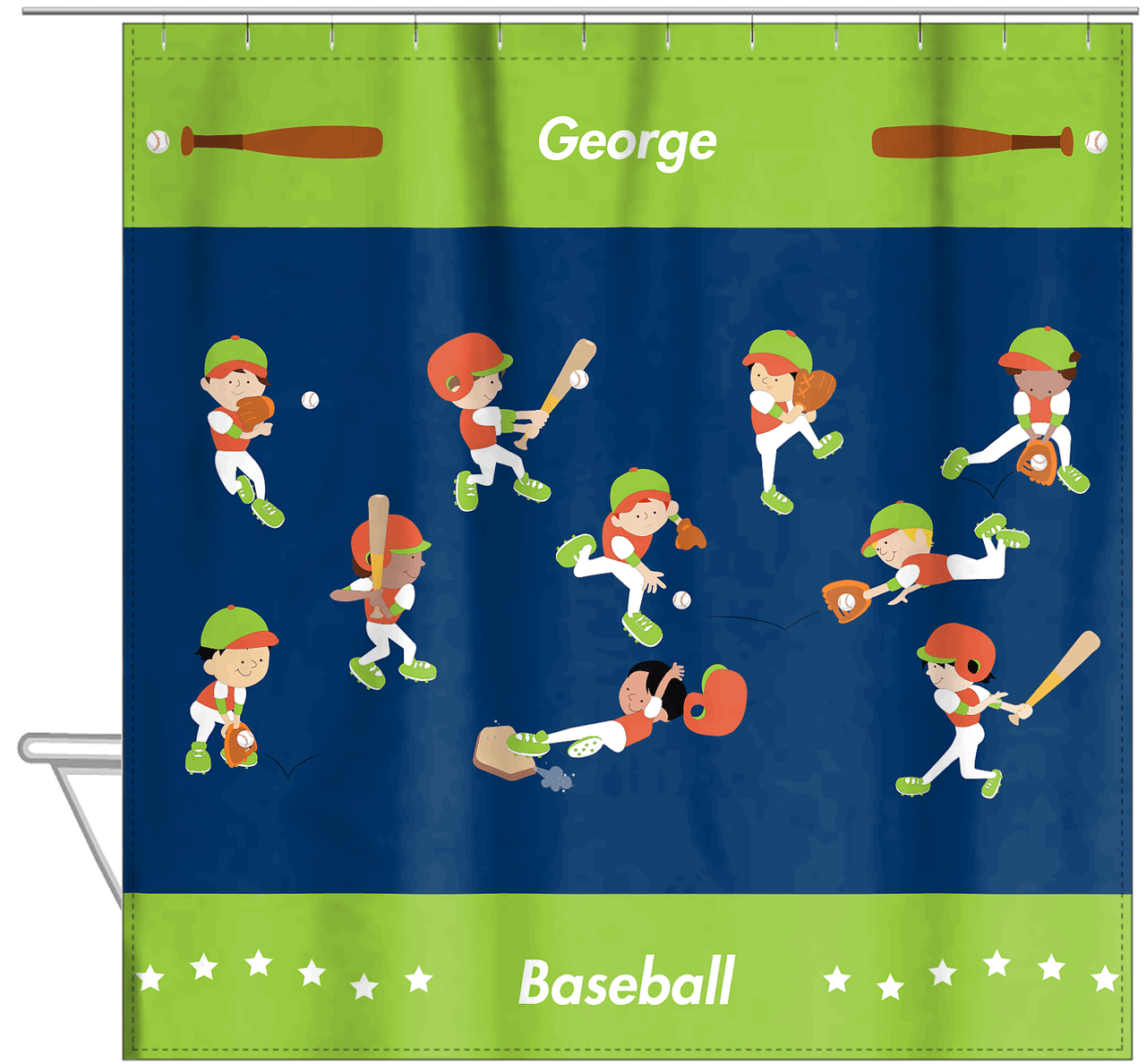 Personalized Baseball Shower Curtain XV - Boys Team - Blue Background - Hanging View