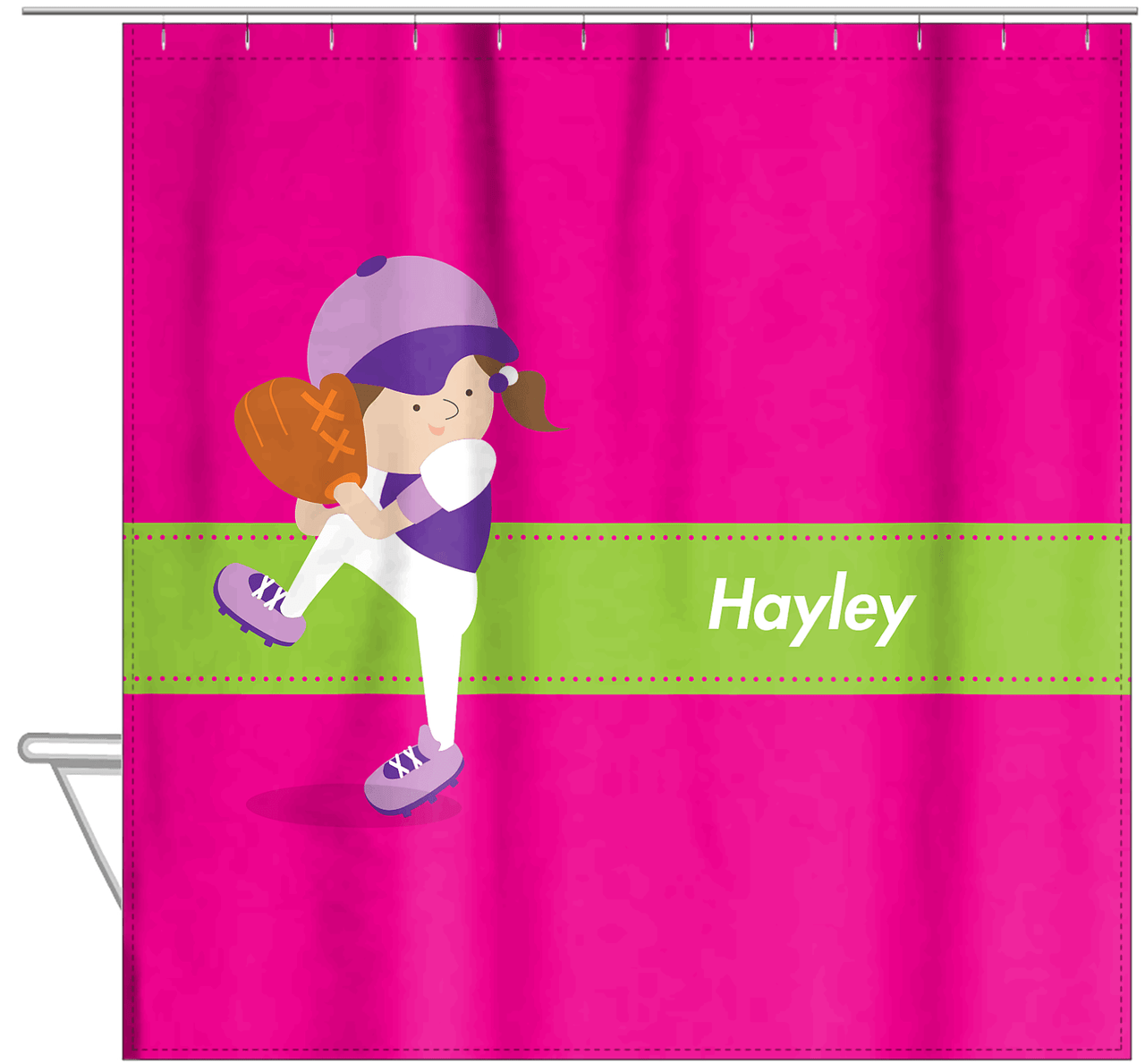 Personalized Baseball Shower Curtain XVI - Pink Background - Brunette Girl - Hanging View
