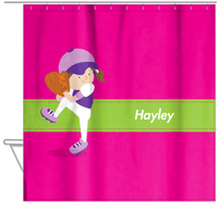 Thumbnail for Personalized Baseball Shower Curtain XVI - Pink Background - Brunette Girl - Hanging View