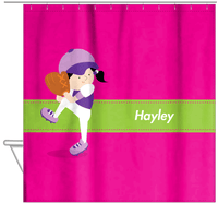 Thumbnail for Personalized Baseball Shower Curtain XVI - Pink Background - Black Hair Girl - Hanging View