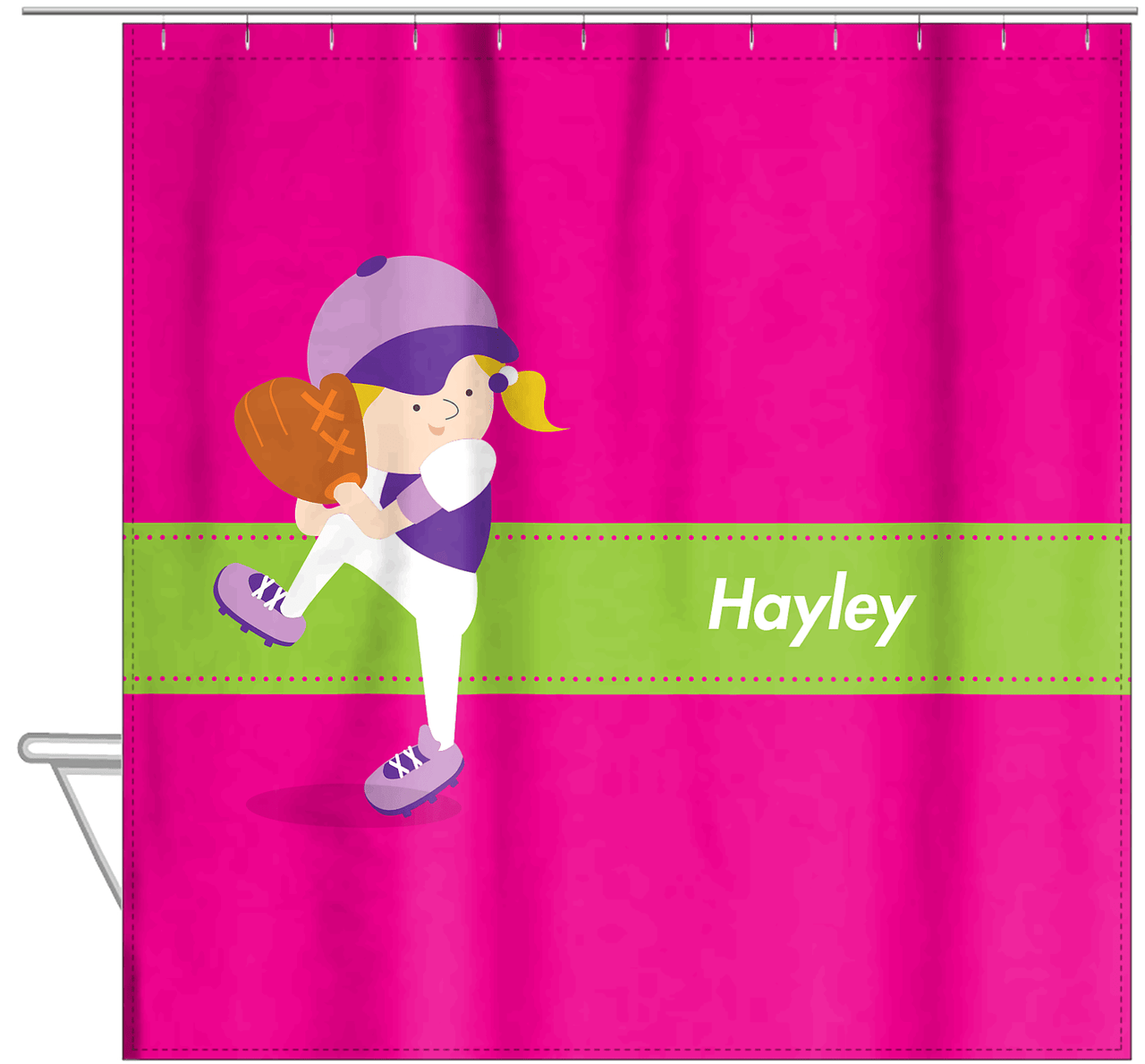 Personalized Baseball Shower Curtain XVI - Pink Background - Blonde Girl - Hanging View