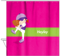 Thumbnail for Personalized Baseball Shower Curtain XVI - Pink Background - Redhead Girl - Hanging View
