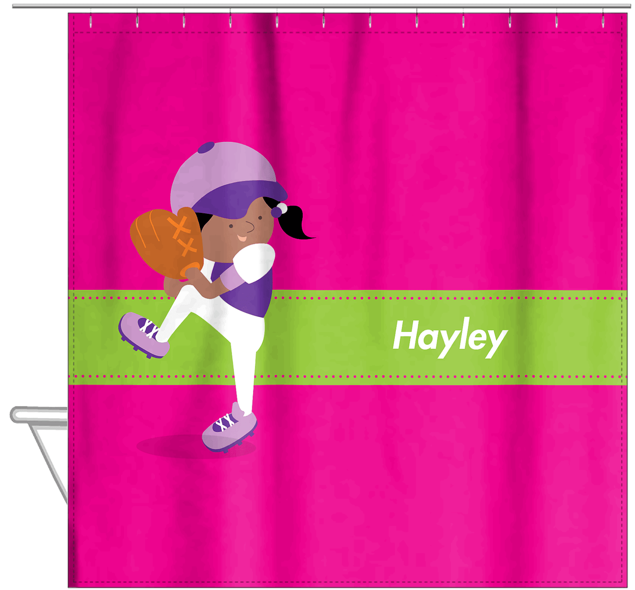 Personalized Baseball Shower Curtain XVI - Pink Background - Black Girl II - Hanging View