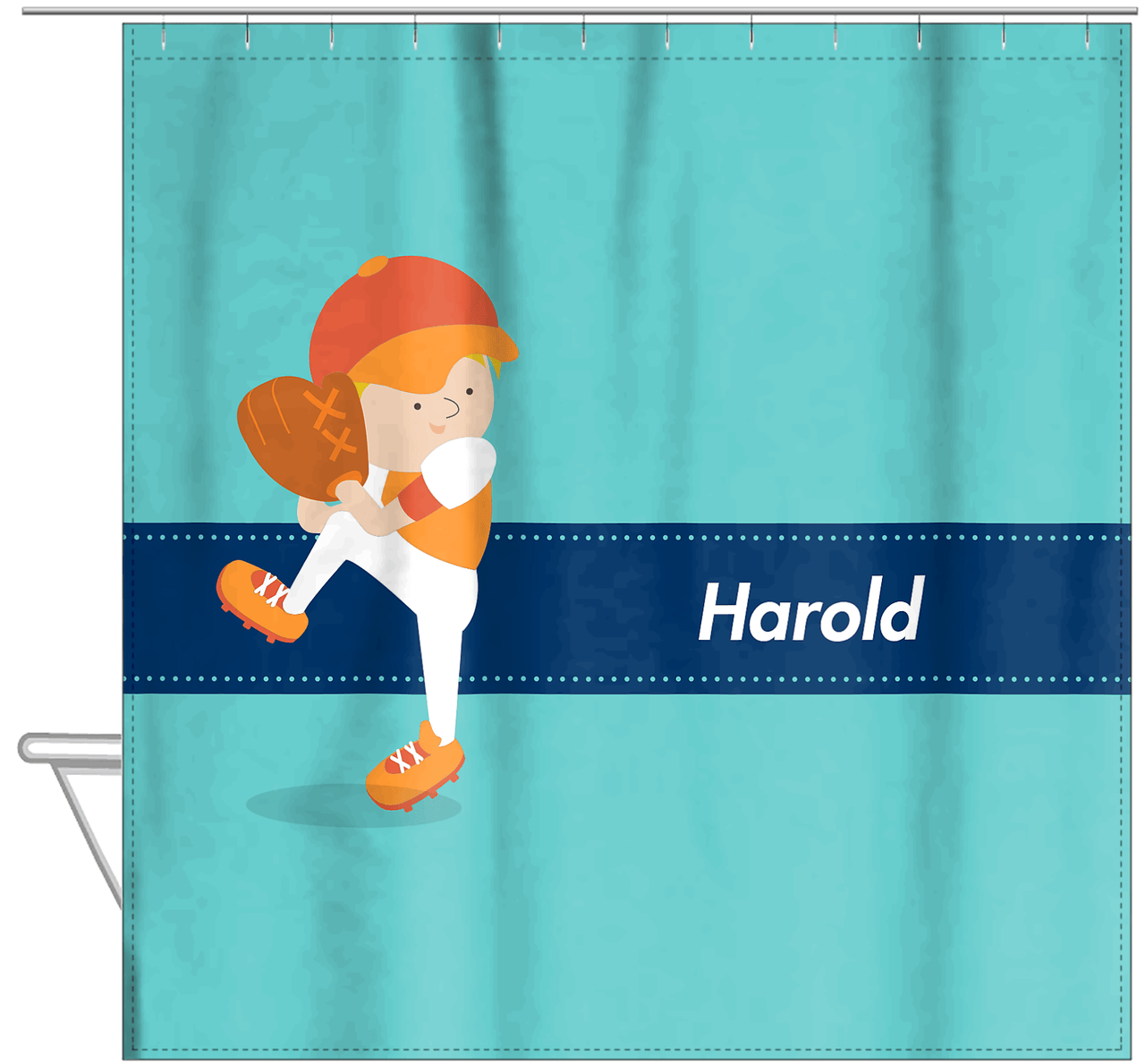 Personalized Baseball Shower Curtain XVII - Teal Background - Blond Boy - Hanging View