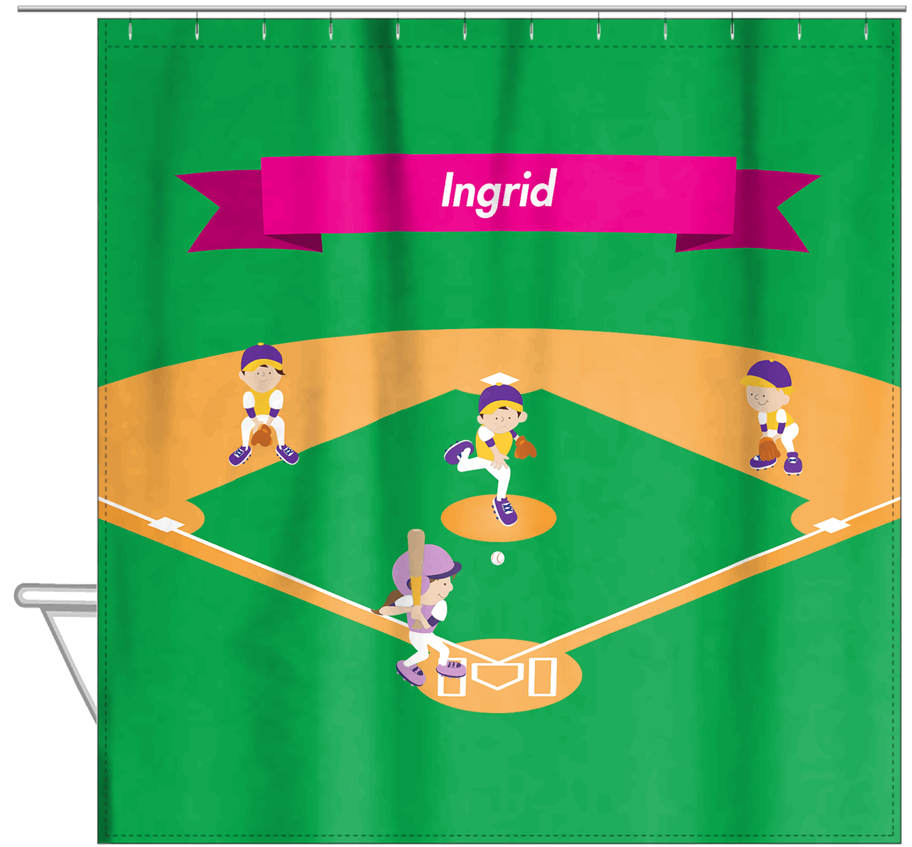Personalized Baseball Shower Curtain XVIII - Green Background - Brunette Girl - Hanging View