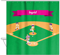 Thumbnail for Personalized Baseball Shower Curtain XVIII - Green Background - Black Girl I - Hanging View