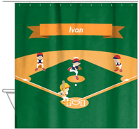Thumbnail for Personalized Baseball Shower Curtain XIX - Green Background - Black Hair Boy - Hanging View