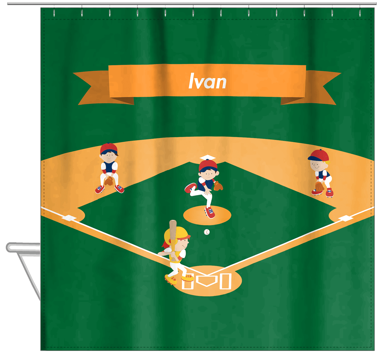 Personalized Baseball Shower Curtain XIX - Green Background - Redhead Boy - Hanging View