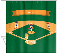 Thumbnail for Personalized Baseball Shower Curtain XIX - Green Background - Redhead Boy - Hanging View