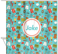 Thumbnail for Personalized Baseball Shower Curtain XX - Teal Background - Circle Nameplate - Hanging View
