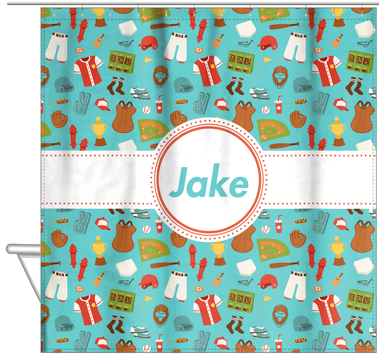Personalized Baseball Shower Curtain XX - Teal Background - Circle Ribbon Nameplate - Hanging View