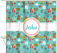 Thumbnail for Personalized Baseball Shower Curtain XX - Teal Background - Circle Ribbon Nameplate - Hanging View