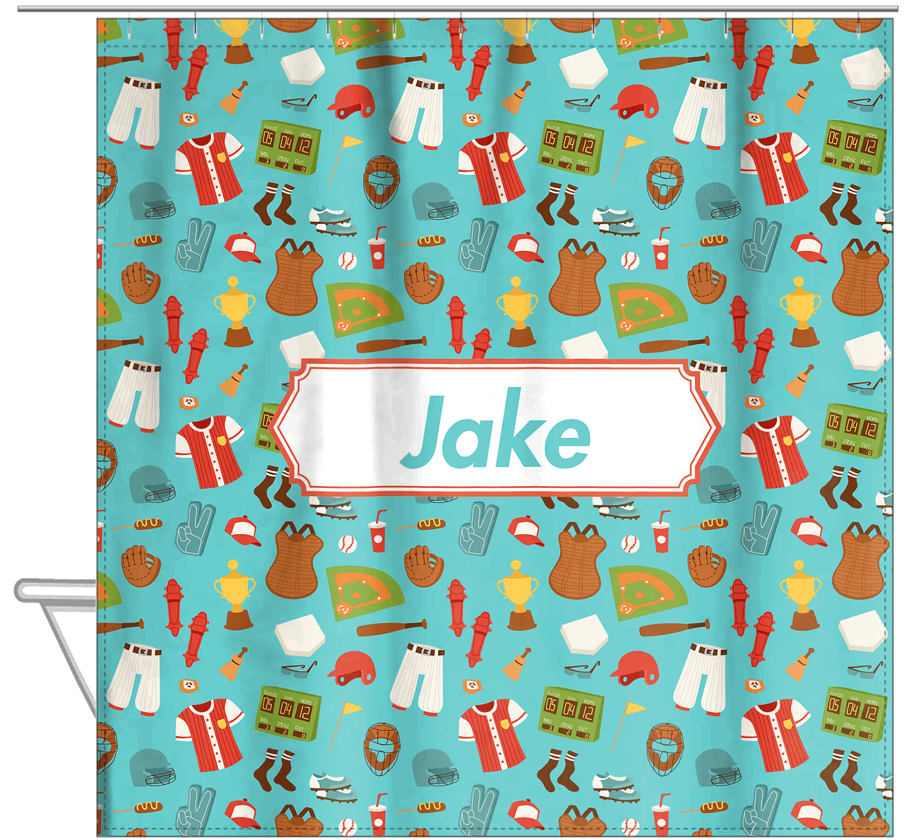 Personalized Baseball Shower Curtain XX - Teal Background - Decorative Rectangle Nameplate - Hanging View