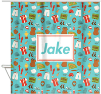 Thumbnail for Personalized Baseball Shower Curtain XX - Teal Background - Rectangle Nameplate - Hanging View