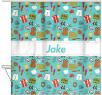Thumbnail for Personalized Baseball Shower Curtain XX - Teal Background - Ribbon Nameplate - Hanging View