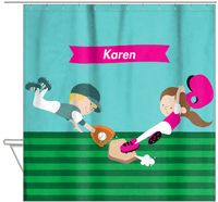 Thumbnail for Personalized Baseball Shower Curtain XXI - Teal Background - Brunette Girl - Hanging View