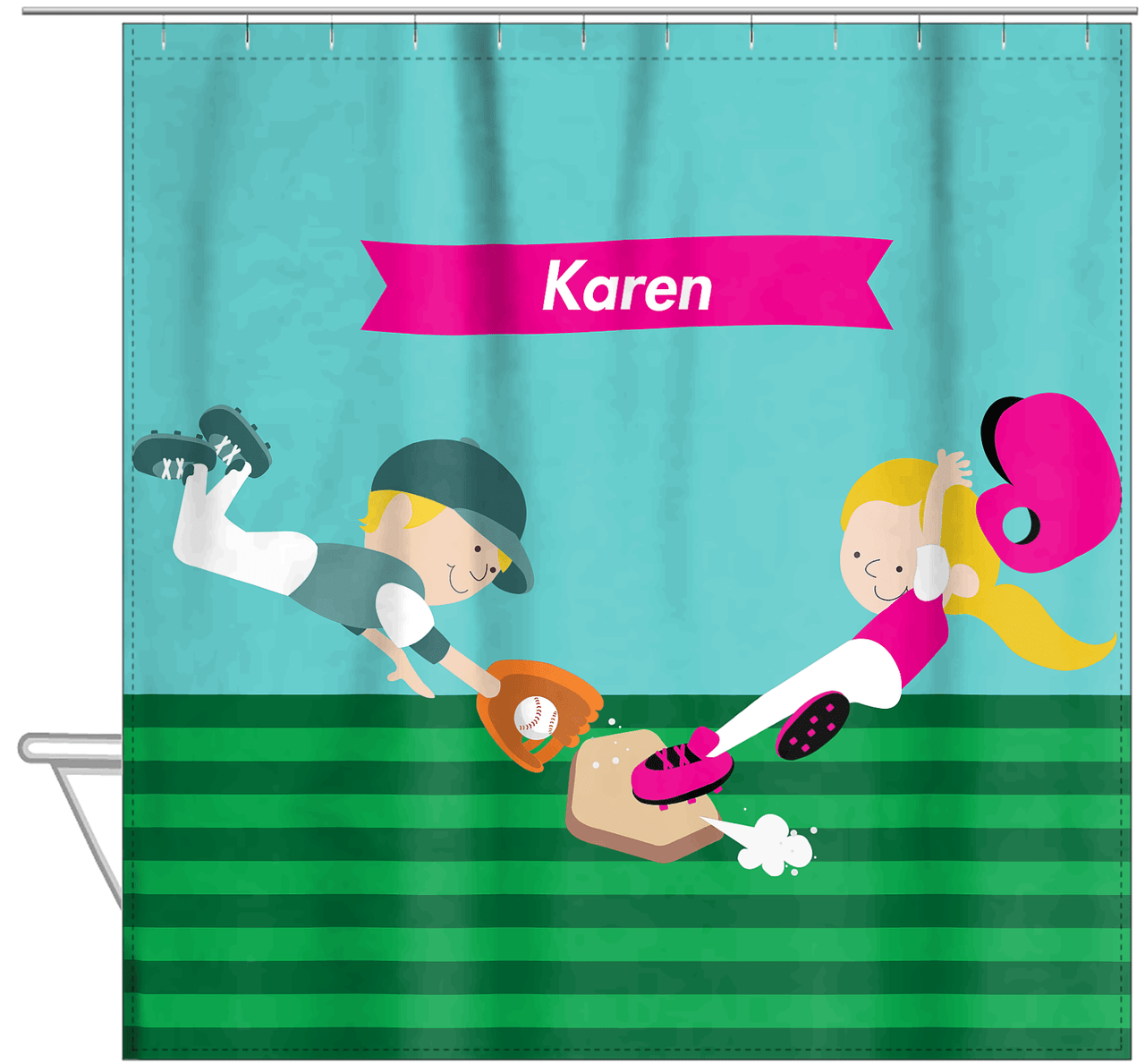 Personalized Baseball Shower Curtain XXI - Teal Background - Blonde Girl - Hanging View