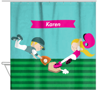 Thumbnail for Personalized Baseball Shower Curtain XXI - Teal Background - Blonde Girl - Hanging View