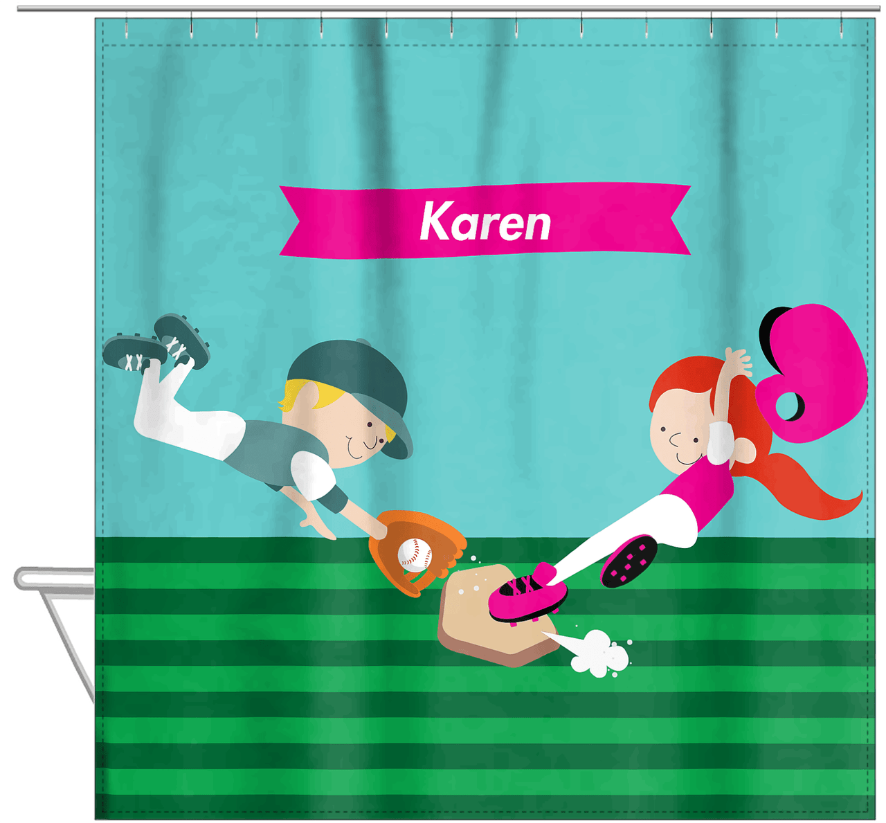 Personalized Baseball Shower Curtain XXI - Teal Background - Redhead Girl - Hanging View