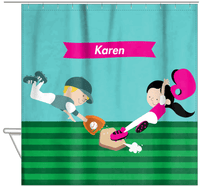 Thumbnail for Personalized Baseball Shower Curtain XXI - Teal Background - Black Hair Girl - Hanging View