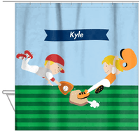 Thumbnail for Personalized Baseball Shower Curtain XXII - Blue Background - Blond Boy - Hanging View