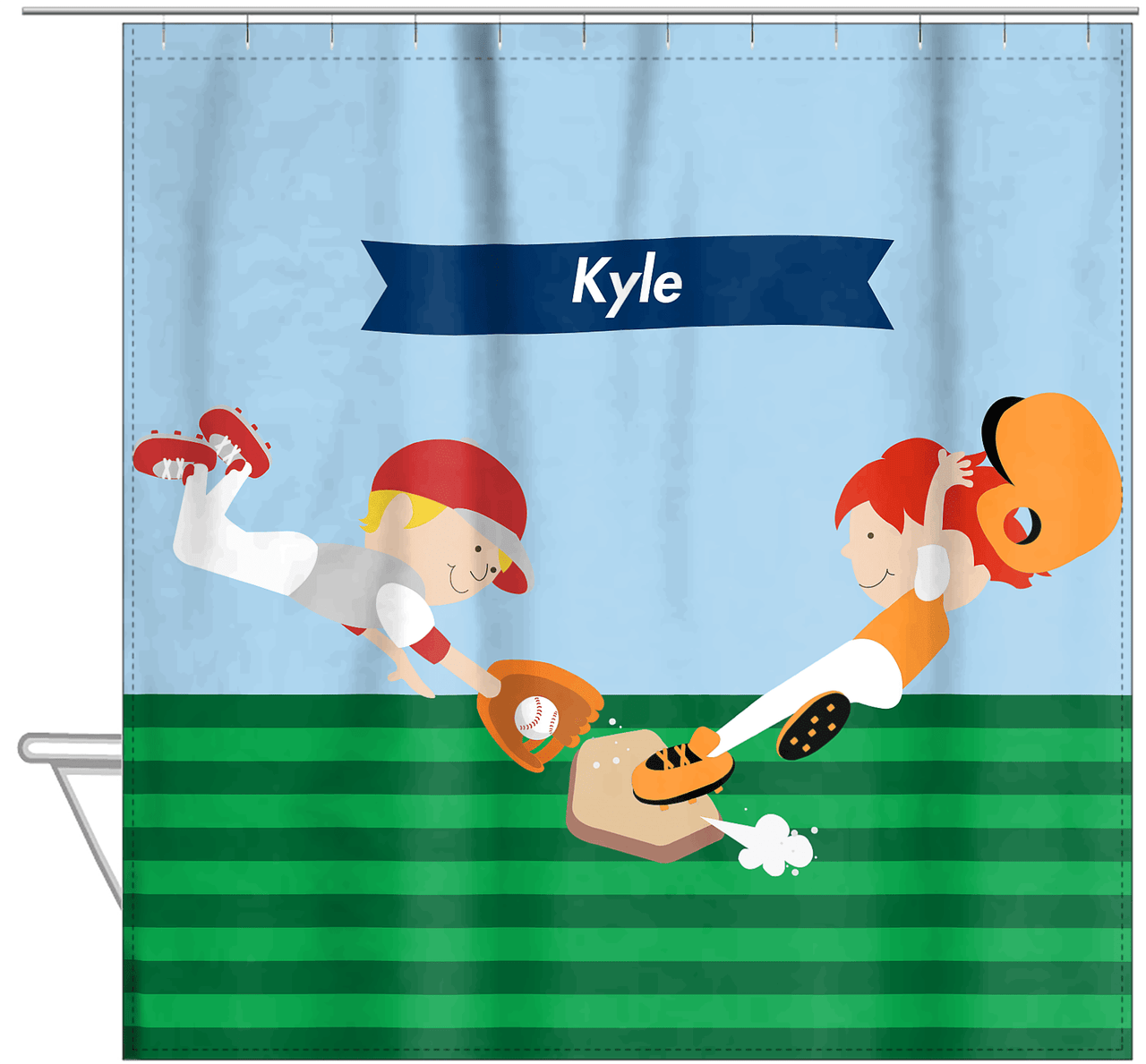 Personalized Baseball Shower Curtain XXII - Blue Background - Redhead Boy - Hanging View