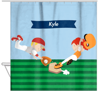 Thumbnail for Personalized Baseball Shower Curtain XXII - Blue Background - Redhead Boy - Hanging View