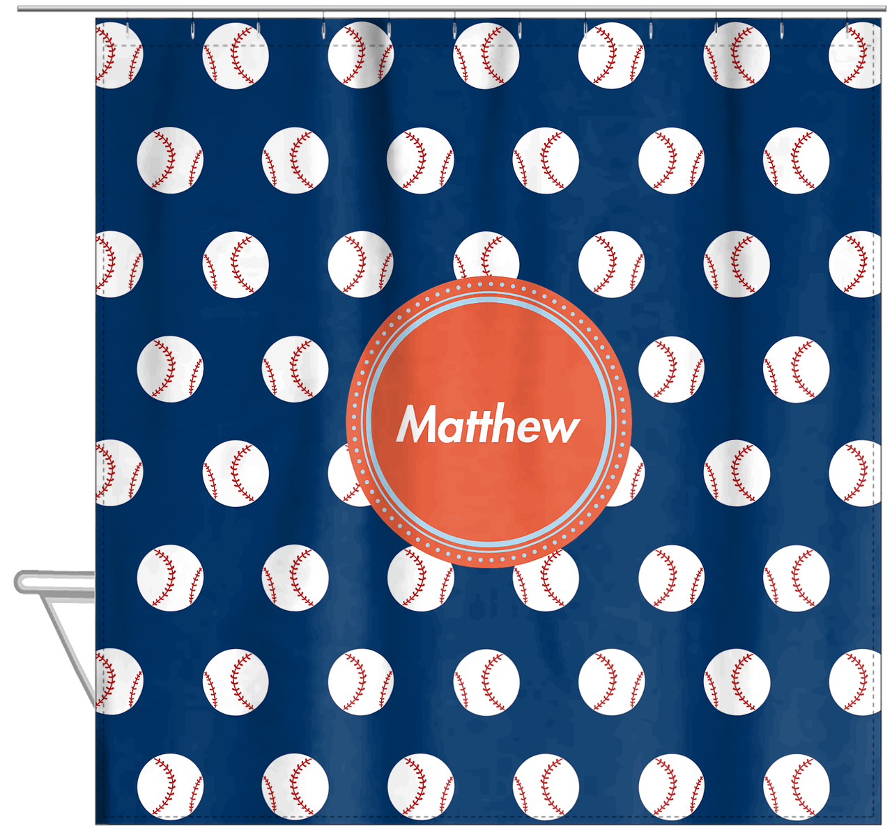 Personalized Baseball Shower Curtain XXIV - Blue Background - Circle Nameplate - Hanging View