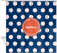 Thumbnail for Personalized Baseball Shower Curtain XXIV - Blue Background - Circle Nameplate - Hanging View