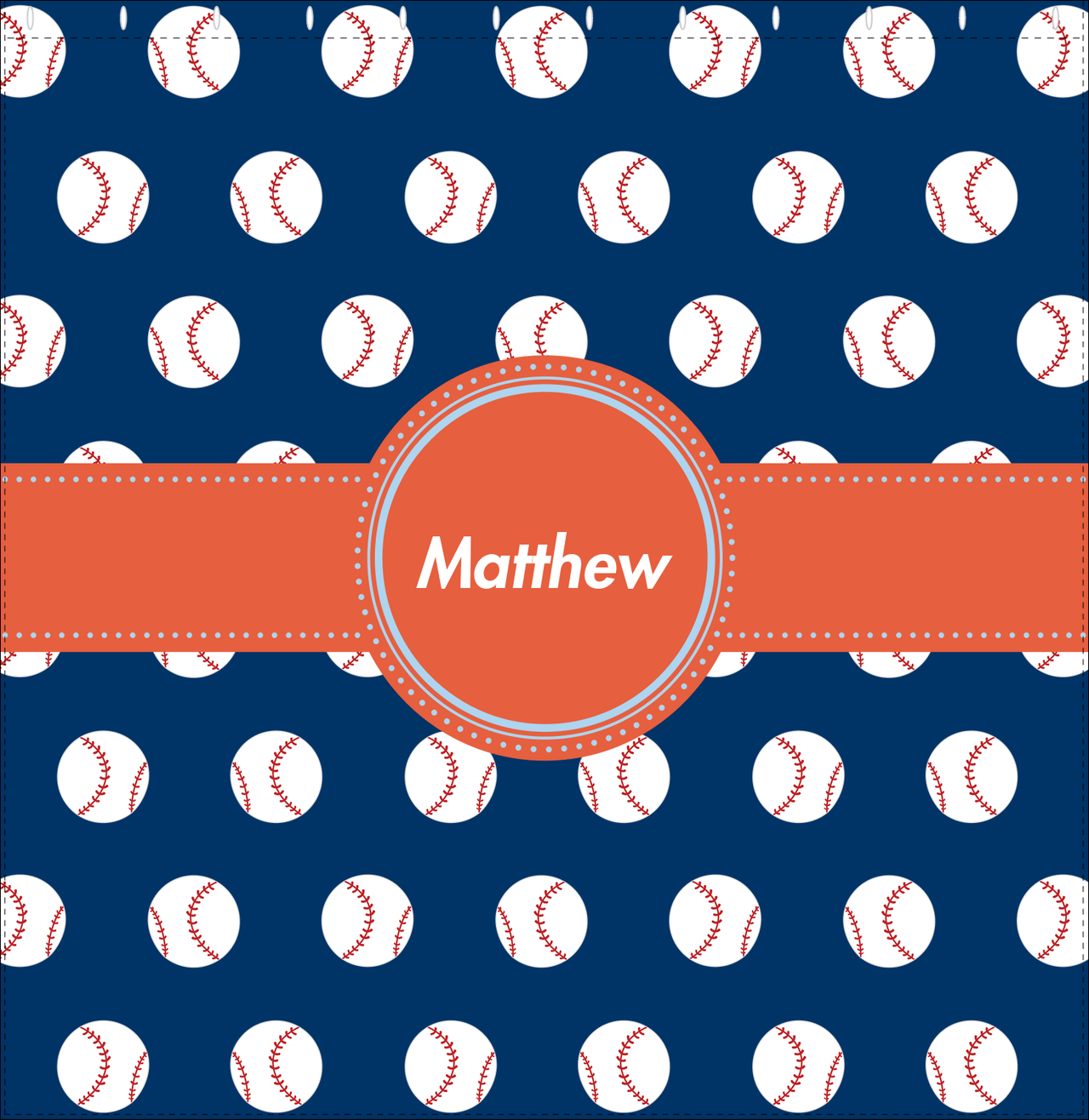Personalized Baseball Shower Curtain XXIV - Blue Background - Circle Ribbon Nameplate - Decorate View