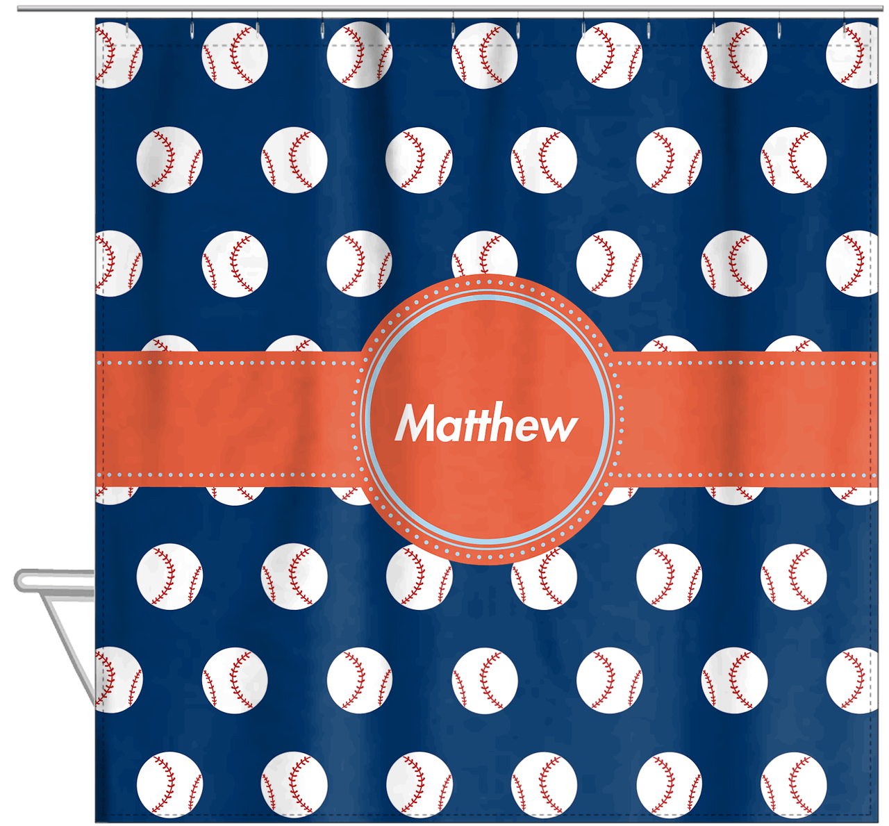 Personalized Baseball Shower Curtain XXIV - Blue Background - Circle Ribbon Nameplate - Hanging View