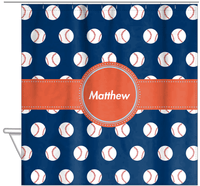 Thumbnail for Personalized Baseball Shower Curtain XXIV - Blue Background - Circle Ribbon Nameplate - Hanging View
